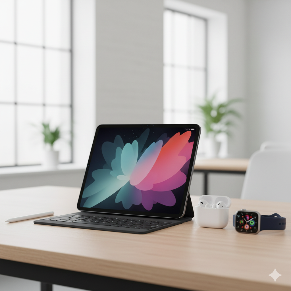 Um iPad ao lado de AirPods e um Apple Watch.